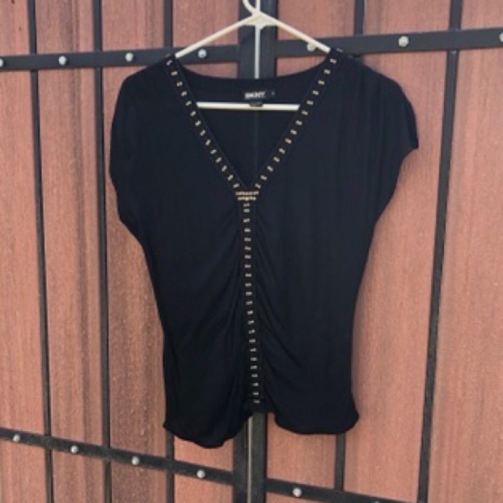 DKNY Donna Karan black rhinestone beadwork top 14
